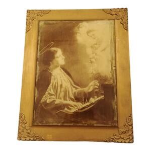 St Cecilia Religious Antique Framed Print Wood‎ Frame Metal Edges Cherubs Piano